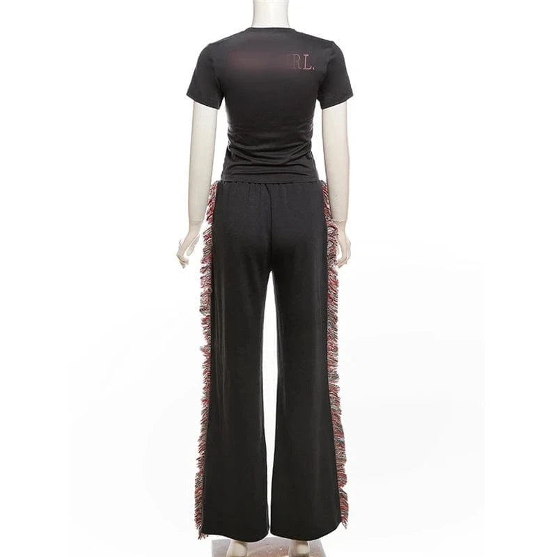 K23S40781 2024 Hot Sales Tassel Design Loose Straight Plus Size Women's Sweater Pants