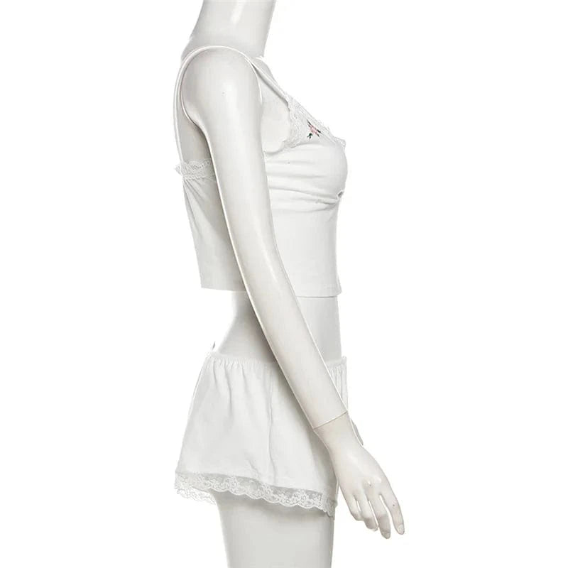 K23S41600 New 2024 Casual Sleeveless Crop Top And Mini Pants 2 Piece Set Bodycon Sexy Fashion Hollow Out Women's Set