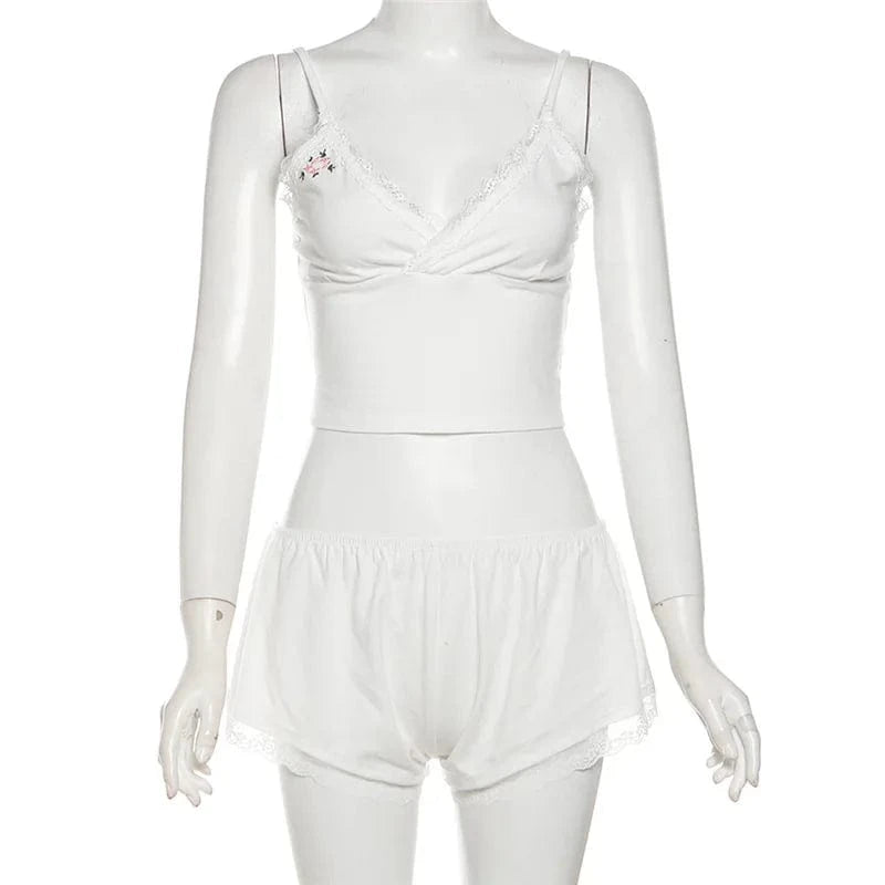 K23S41600 New 2024 Casual Sleeveless Crop Top And Mini Pants 2 Piece Set Bodycon Sexy Fashion Hollow Out Women's Set