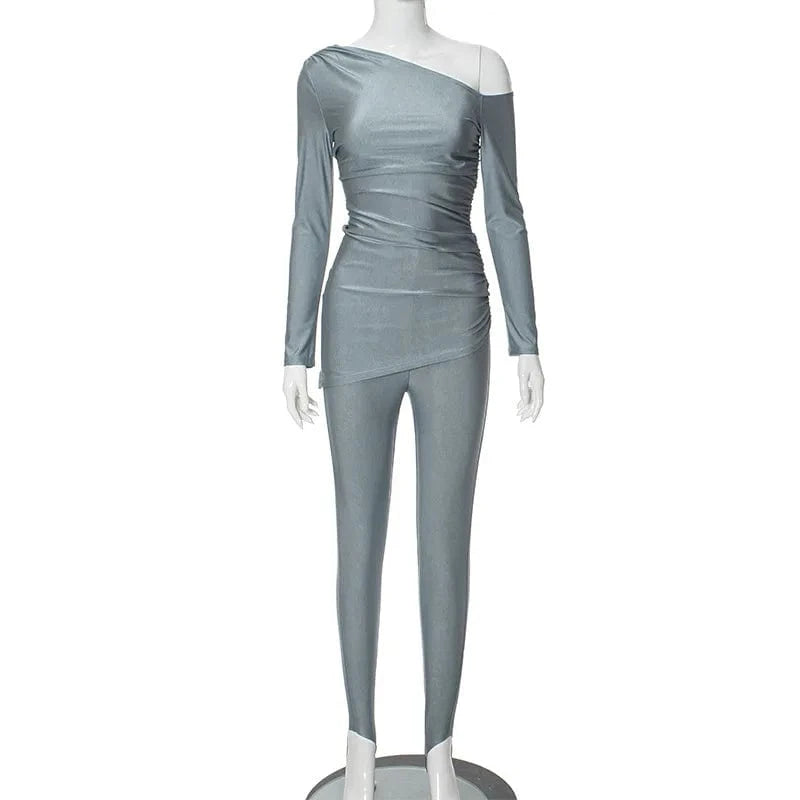 K23ST552 New Solid Oblique Collar Off-shoulder Long Sleeve Top Tight Trousers Casual Suit Samples with Free Shipping Clothing
