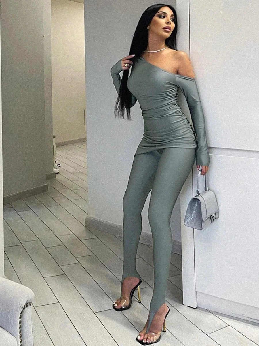 K23ST552 New Solid Oblique Collar Off-shoulder Long Sleeve Top Tight Trousers Casual Suit Samples with Free Shipping Clothing