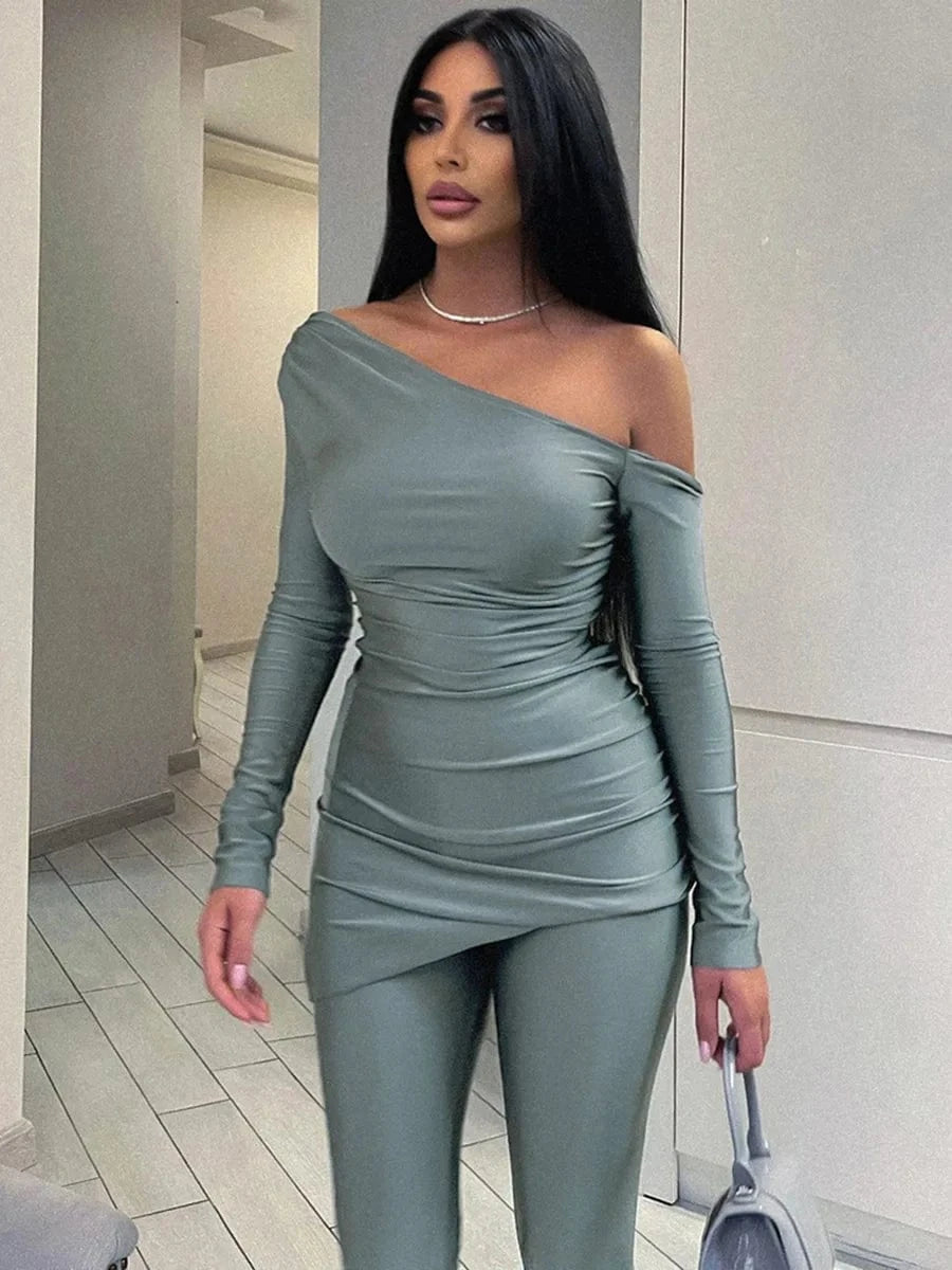 K23ST552 New Solid Oblique Collar Off-shoulder Long Sleeve Top Tight Trousers Casual Suit Samples with Free Shipping Clothing