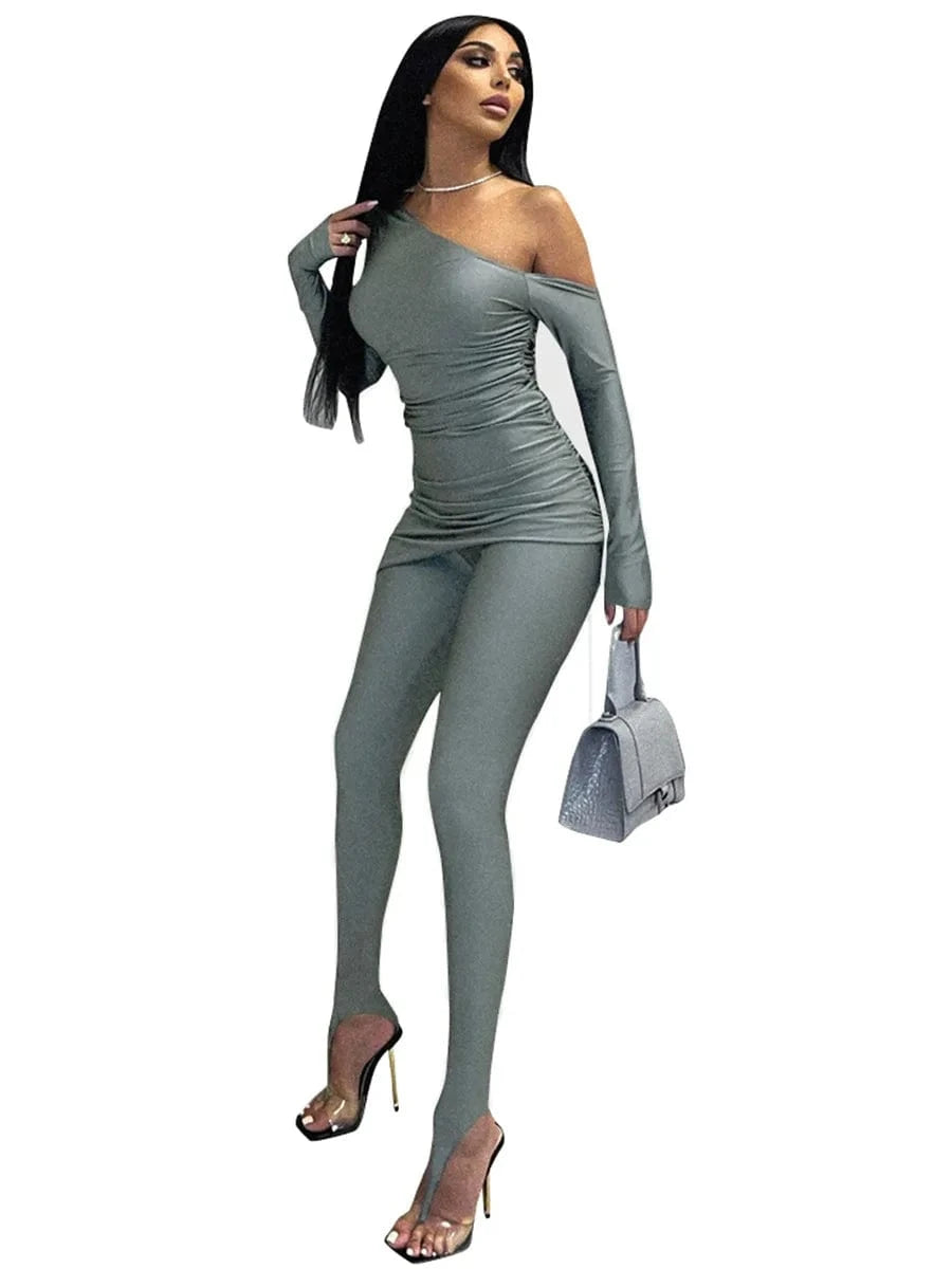K23ST552 New Solid Oblique Collar Off-shoulder Long Sleeve Top Tight Trousers Casual Suit Samples with Free Shipping Clothing