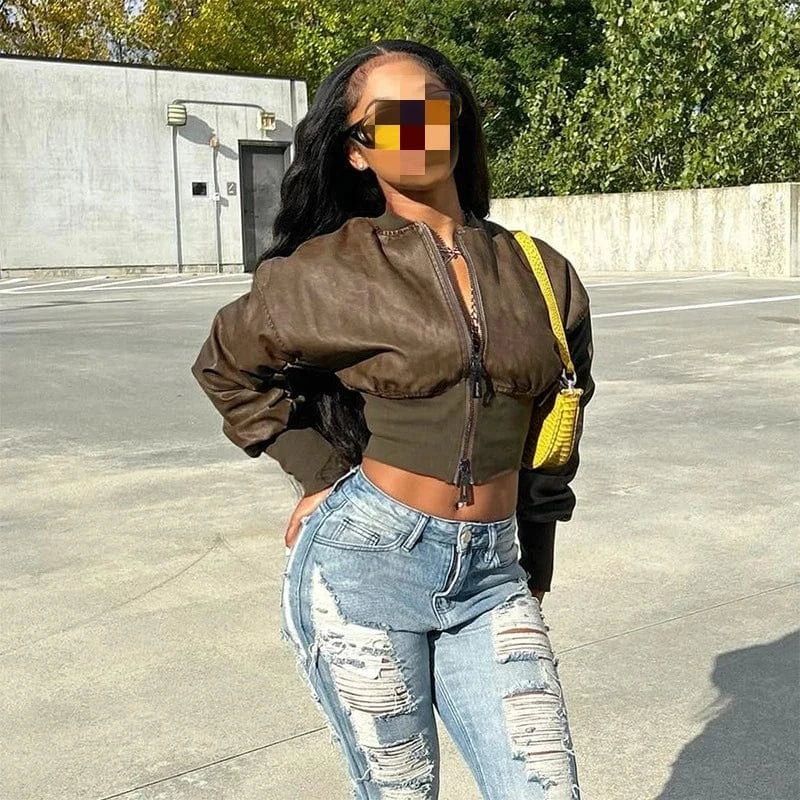 K23tp533 Fashion 2024 New Autumn Winter Pu Leather Patchwork Long Sleeve Crop Coat Bodycon Casual Coat For Women Lady