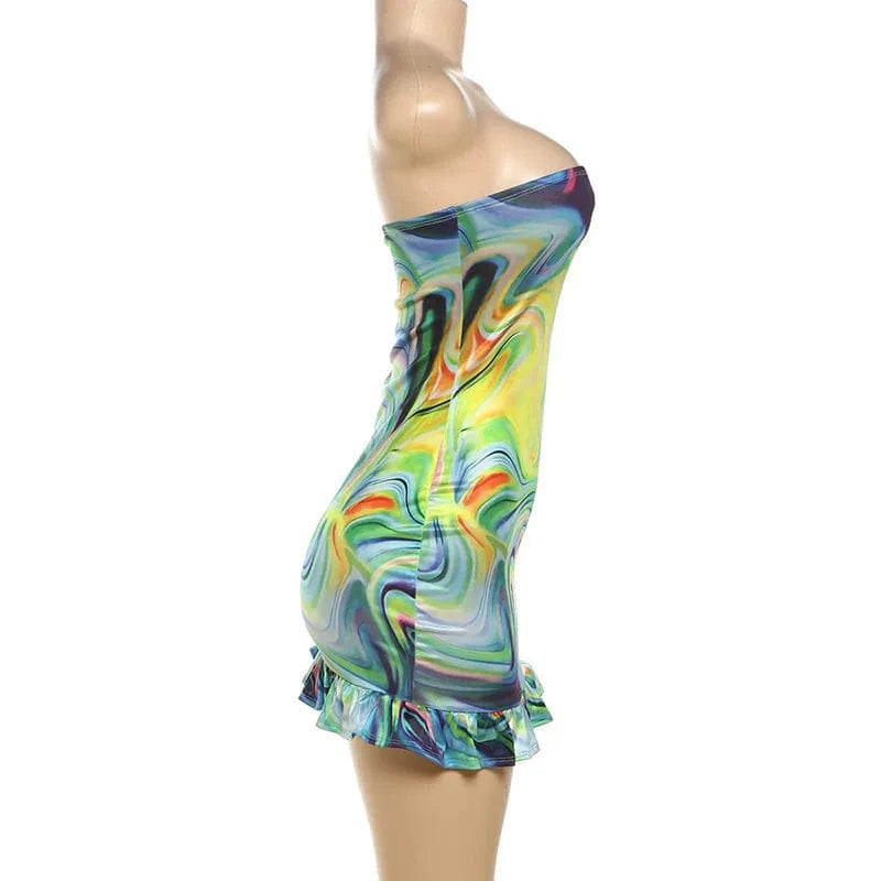 K24D42691 2024 Spring Summer New Women's Sexy Abstract Print Bandeau Trim Bodycon Evening Mini Dress