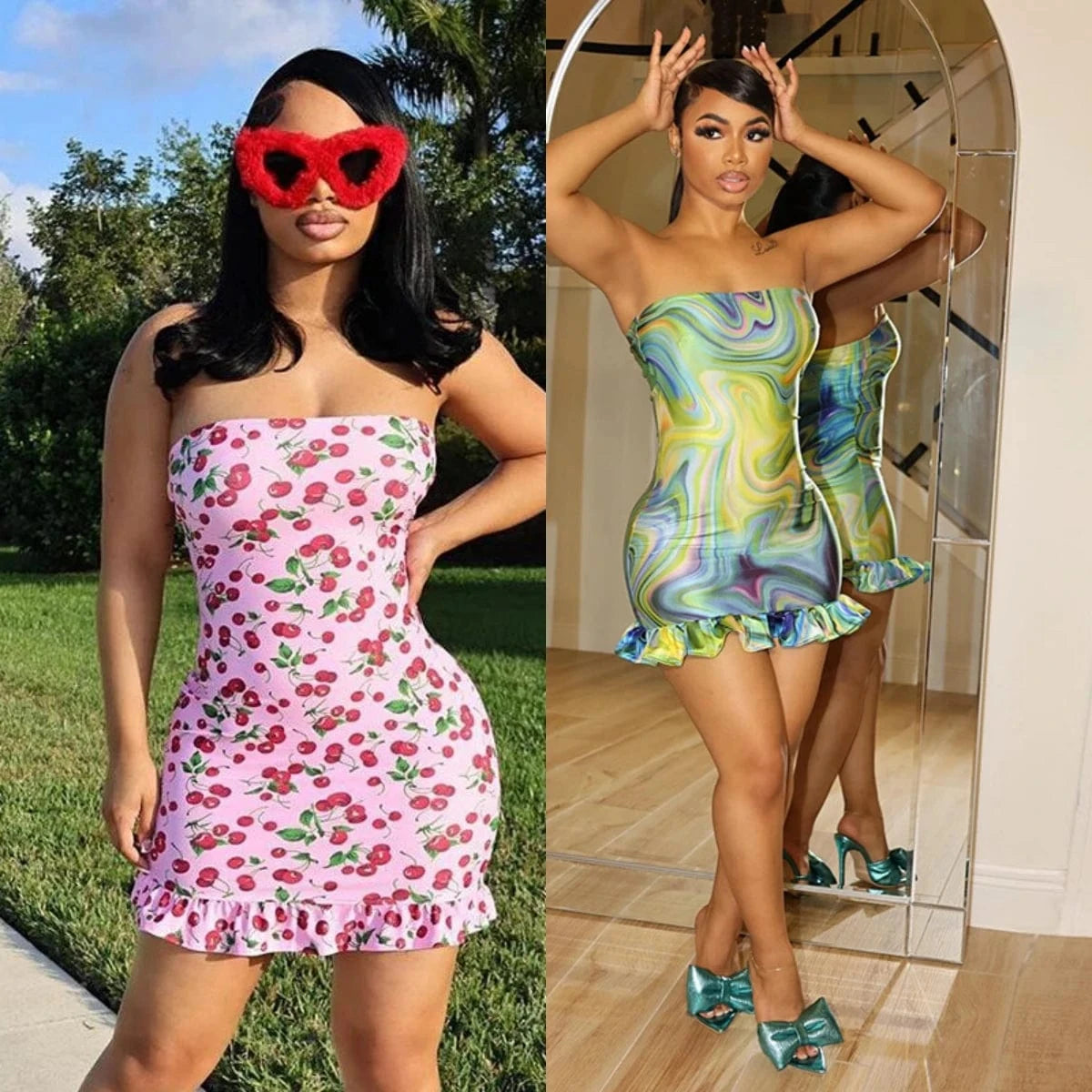 K24D42691 2024 Spring Summer New Women's Sexy Abstract Print Bandeau Trim Bodycon Evening Mini Dress