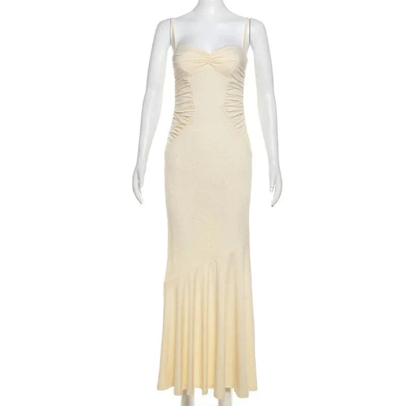 K24D43500 Elegant 2024 Spring Summer Sleeveless Cami Lace Patchwork Dress Pleated Skinny Sexy Maxi Dress For Women Lady