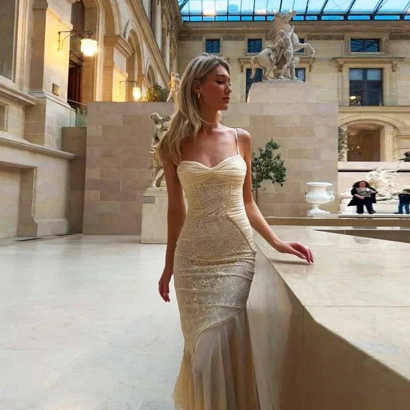 K24D43500 Elegant 2024 Spring Summer Sleeveless Cami Lace Patchwork Dress Pleated Skinny Sexy Maxi Dress For Women Lady