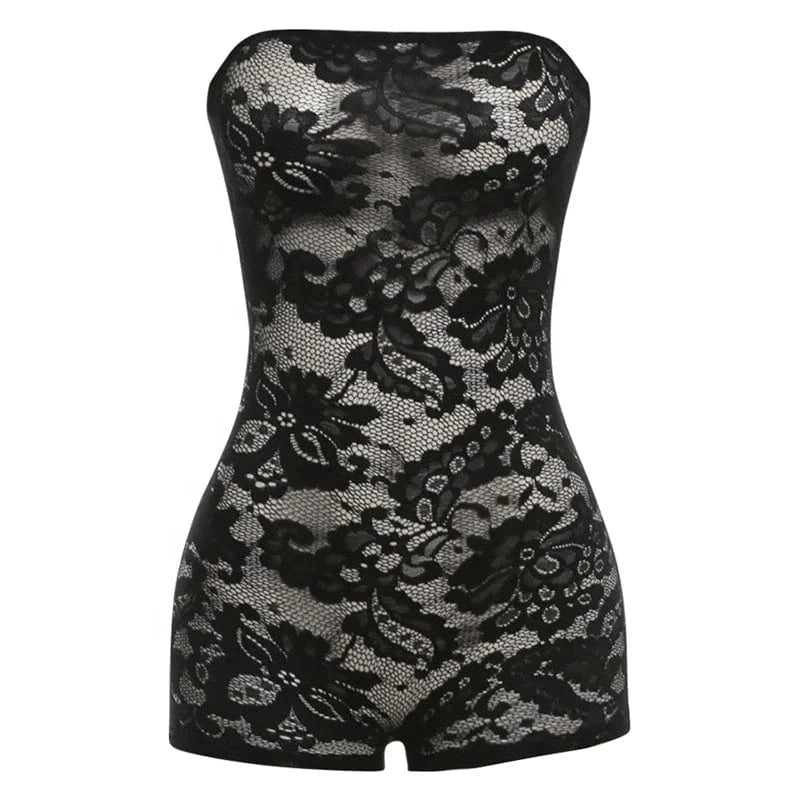 K24Q43682 New style spring 2024 fashion strapless rompers women jumpsuit see through lace bodycon jumpsuit women sexy jumpsuit