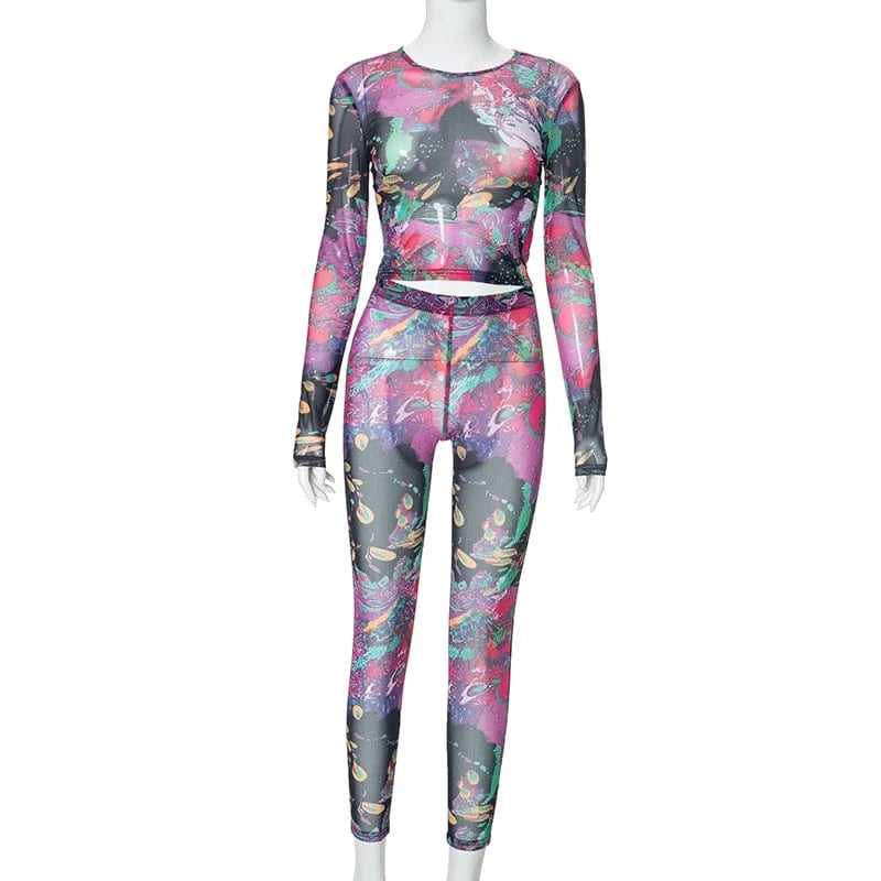 K24ST041 2024 Summer New Mesh Gauze Crop Top Tight Trousers Fashion Casual Two Piece Set Women Clothing