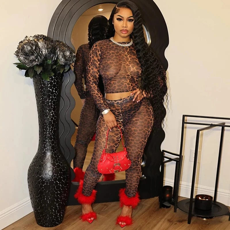 K24ST041 2024 Summer New Mesh Gauze Crop Top Tight Trousers Fashion Casual Two Piece Set Women Clothing