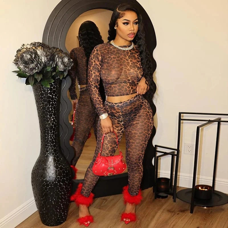 K24ST041 2024 Summer New Mesh Gauze Crop Top Tight Trousers Fashion Casual Two Piece Set Women Clothing