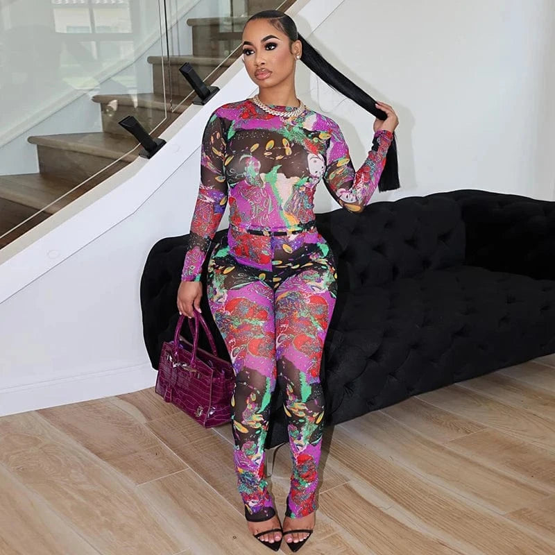 K24ST041 2024 Summer New Mesh Gauze Crop Top Tight Trousers Fashion Casual Two Piece Set Women Clothing