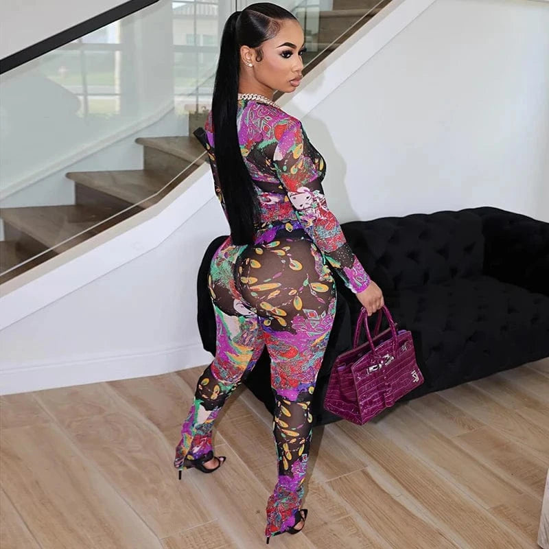 K24ST041 2024 Summer New Mesh Gauze Crop Top Tight Trousers Fashion Casual Two Piece Set Women Clothing
