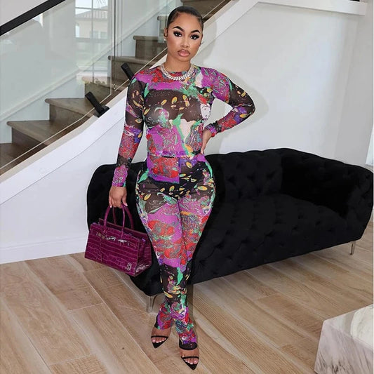 K24ST041 2024 Summer New Mesh Gauze Crop Top Tight Trousers Fashion Casual Two Piece Set Women Clothing