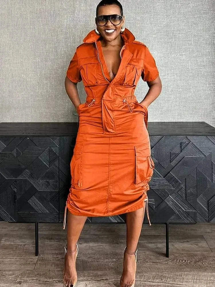 K3320-4 / S Streetwear Multi Pockets Cargo Dress Sexy Women Turn Down Collar Elegant Club Party Skater Dress Vestidos