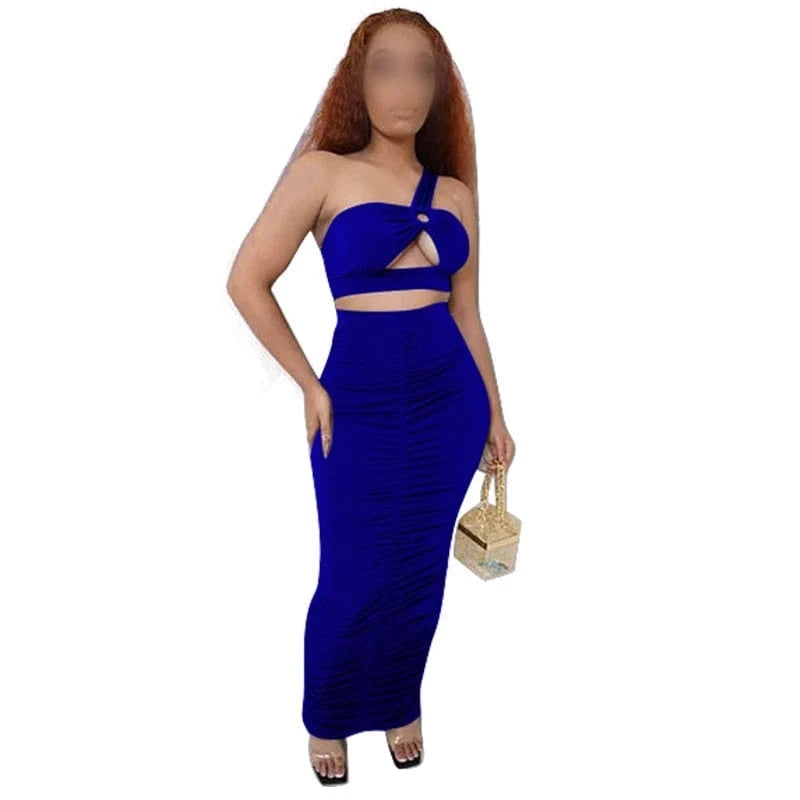 K9880 New Arrival 2024 Summer Sleeveless One Shoulder Hollow Out Slim Bodycon Sexy Dresses Women Maxi Skirt 2 Piece Set