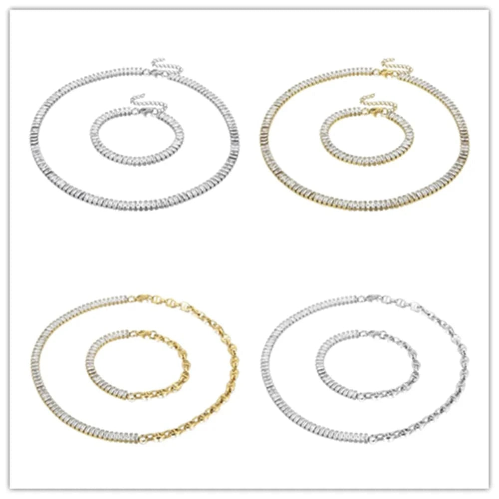 Kalen Women's Jewelry Sets Rectangles Zircon Patchwork Chain Stainless Steel Necklace Bracelet