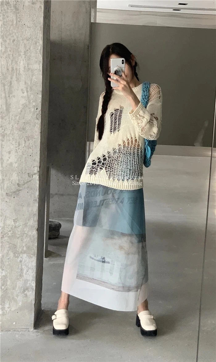 Karrram Gothic Hollow Out Sweater Hole See Through Oversized Knitted Pullovers Emo Streetwear Grunge Clothes Y2k Tops Spring