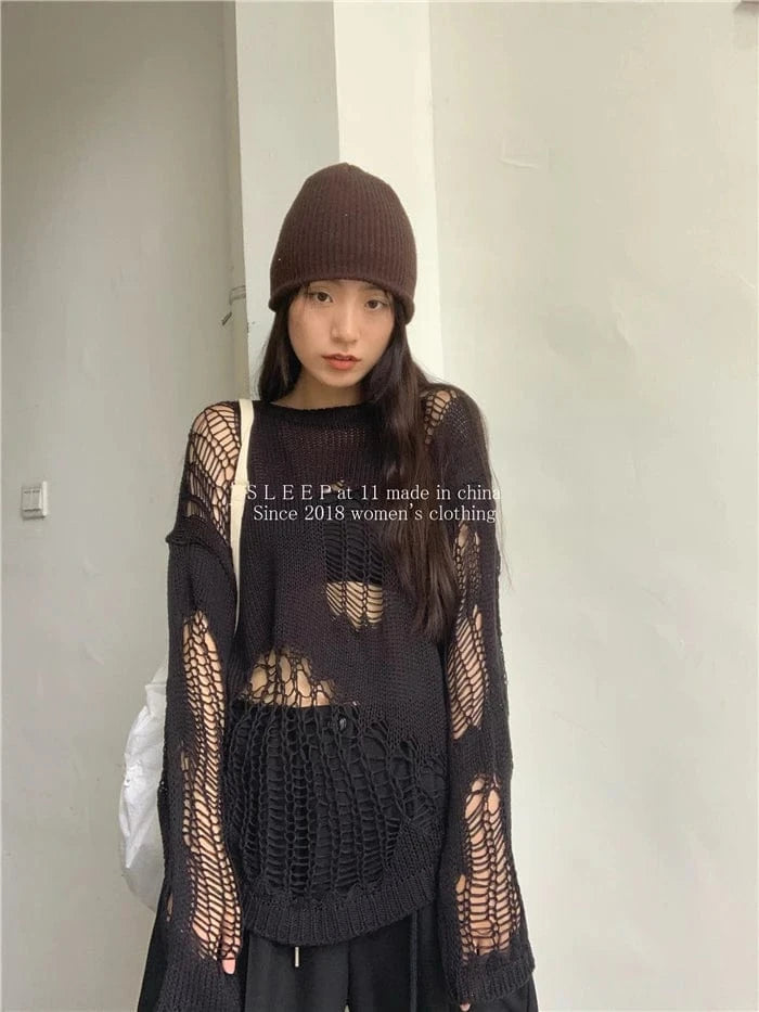 Karrram Gothic Hollow Out Sweater Hole See Through Oversized Knitted Pullovers Emo Streetwear Grunge Clothes Y2k Tops Spring
