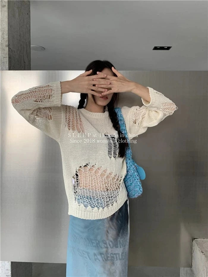 Karrram Gothic Hollow Out Sweater Hole See Through Oversized Knitted Pullovers Emo Streetwear Grunge Clothes Y2k Tops Spring