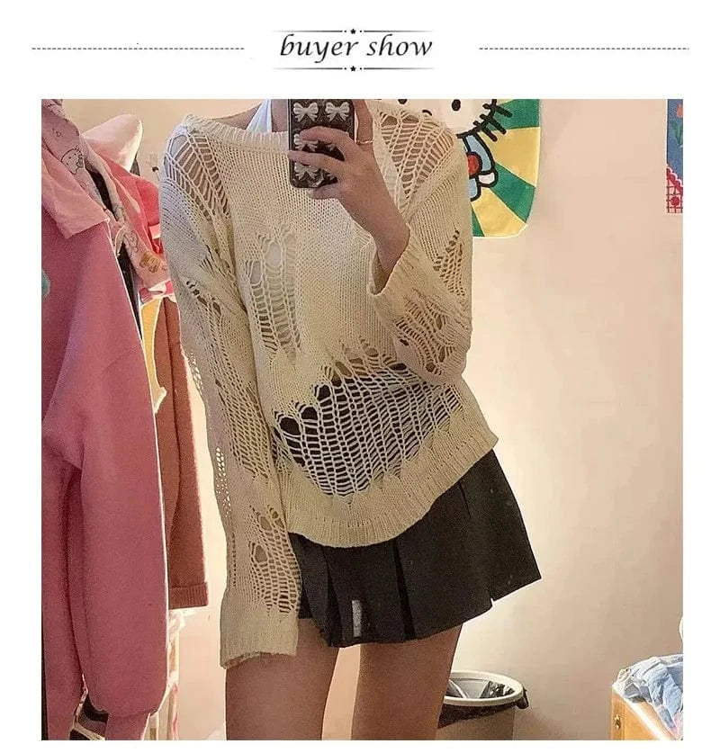 Karrram Gothic Hollow Out Sweater Hole See Through Oversized Knitted Pullovers Emo Streetwear Grunge Clothes Y2k Tops Spring