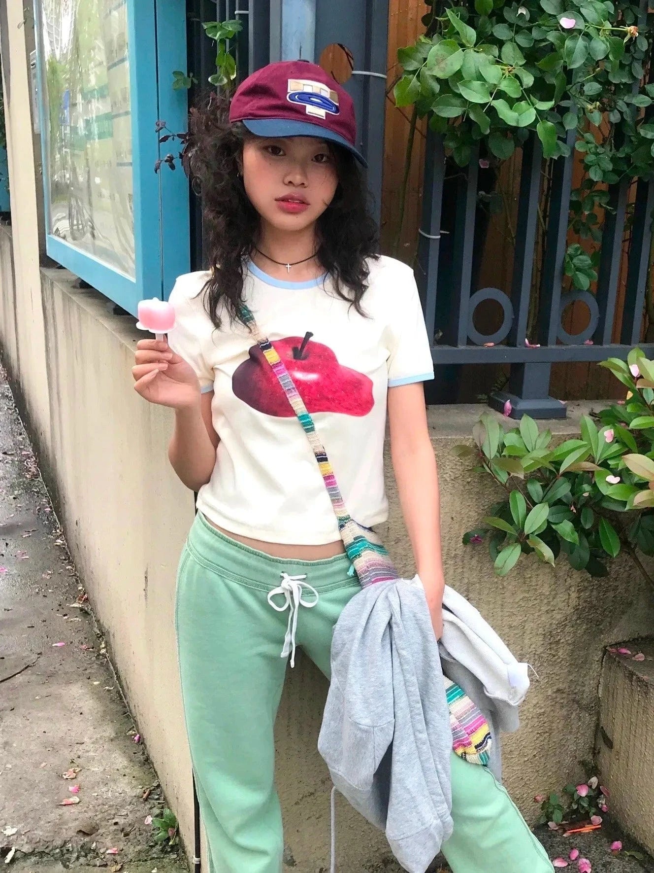 Karrram Japanese Y2k Apple Print T-shirt Vintage 2000s Style Crop Top Harajuku Aesthetics Short Sleeve Tee Shirt American Retro