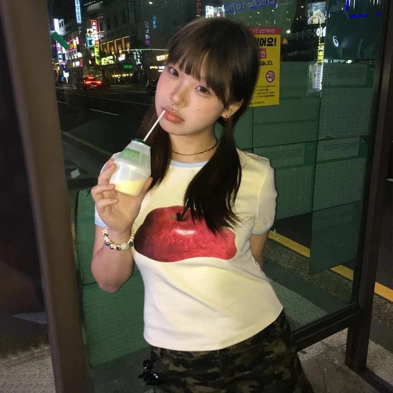 Karrram Japanese Y2k Apple Print T-shirt Vintage 2000s Style Crop Top Harajuku Aesthetics Short Sleeve Tee Shirt American Retro