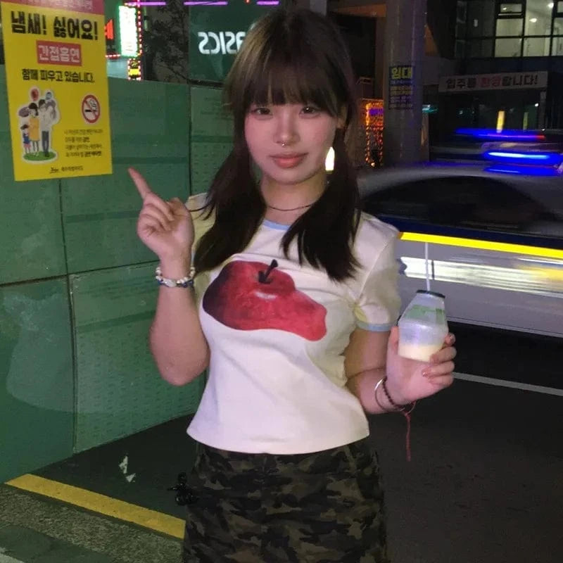 Karrram Japanese Y2k Apple Print T-shirt Vintage 2000s Style Crop Top Harajuku Aesthetics Short Sleeve Tee Shirt American Retro