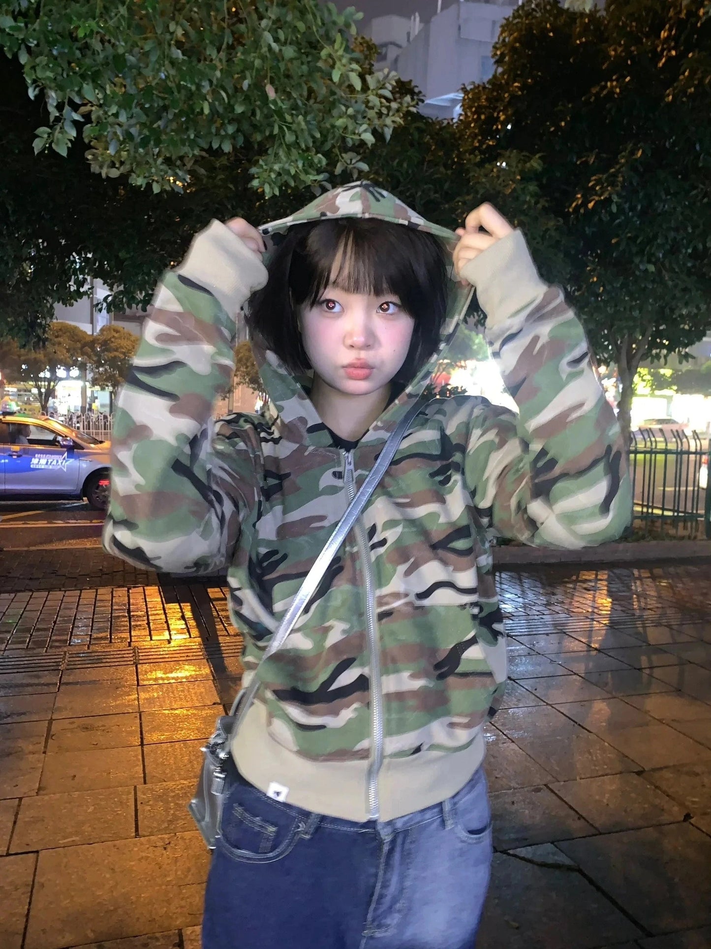Karrram Japanese Y2k Cropped Jacket Vintage Harajuku Short Coat 2000s Korean Fashion Camouflage Zipper Hooded Sweatshirt Grunge
