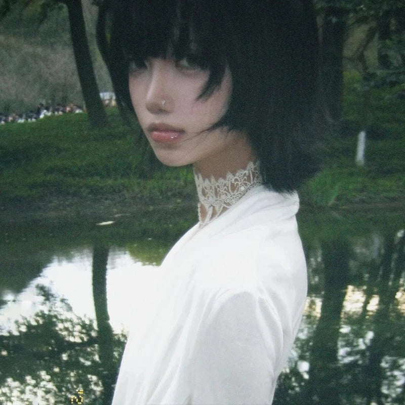 Karrram Japanese Y2k Cross Tops Trashy 2000s Style V-neck Long Sleeve T-shirt Vintage Harajuku White Irregular Tops American 90s