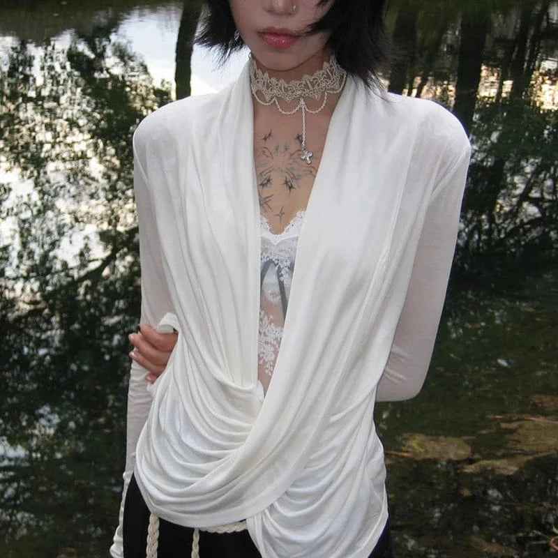 Karrram Japanese Y2k Cross Tops Trashy 2000s Style V-neck Long Sleeve T-shirt Vintage Harajuku White Irregular Tops American 90s