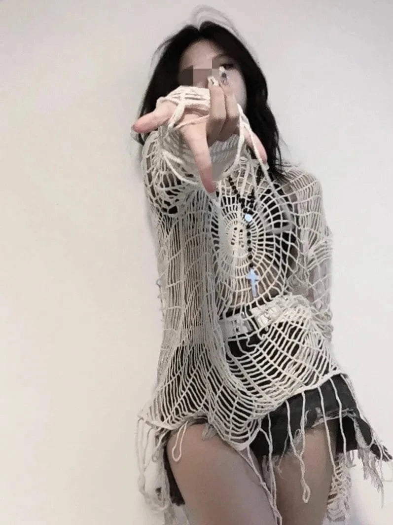 Karrram Japanese Y2k Hollow Out Knitted Top Trashy 2000s Style Spider Web Pullover Vintage Harajuku Hole Hooded Knitwear Grunge