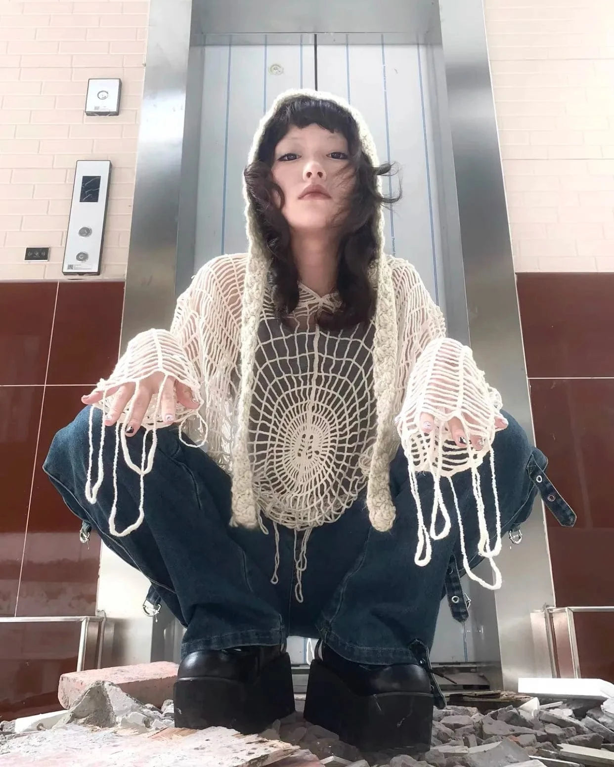 Karrram Japanese Y2k Hollow Out Knitted Top Trashy 2000s Style Spider Web Pullover Vintage Harajuku Hole Hooded Knitwear Grunge