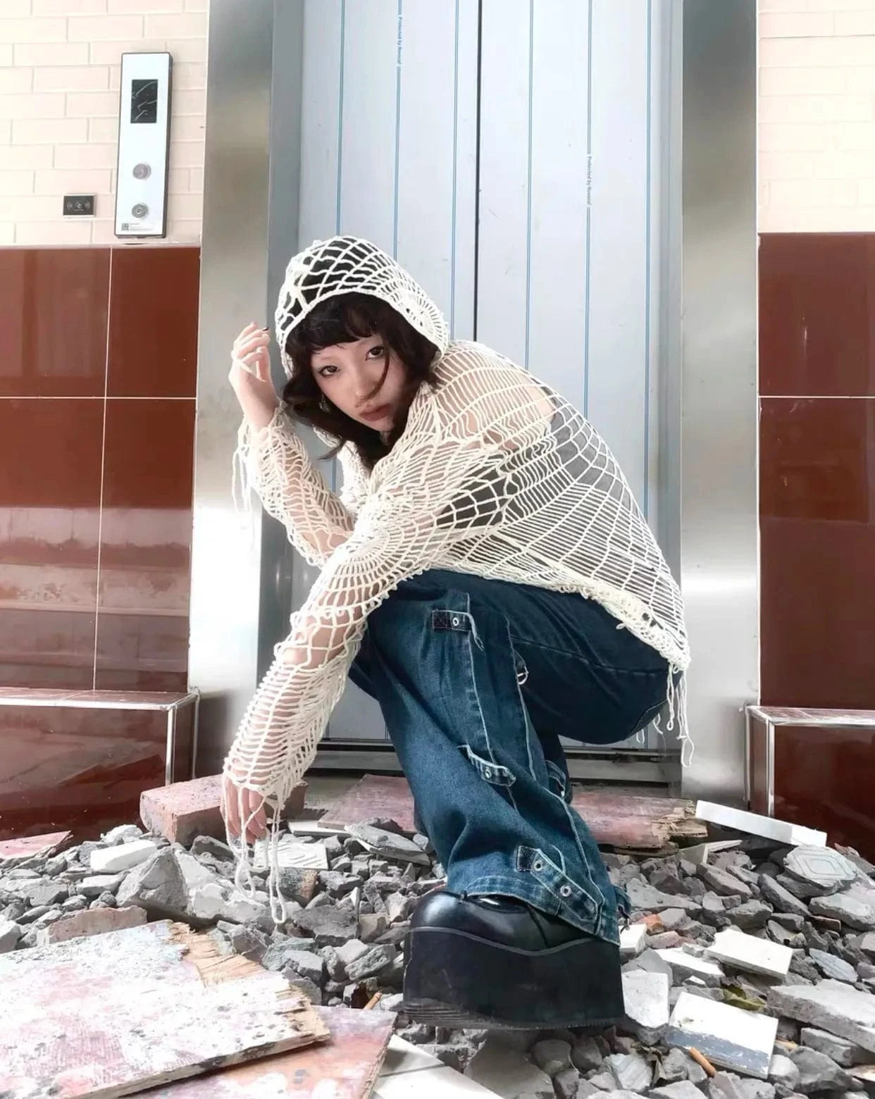 Karrram Japanese Y2k Hollow Out Knitted Top Trashy 2000s Style Spider Web Pullover Vintage Harajuku Hole Hooded Knitwear Grunge