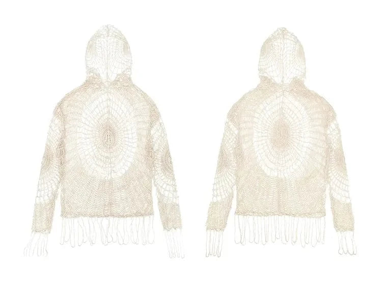Karrram Japanese Y2k Hollow Out Knitted Top Trashy 2000s Style Spider Web Pullover Vintage Harajuku Hole Hooded Knitwear Grunge
