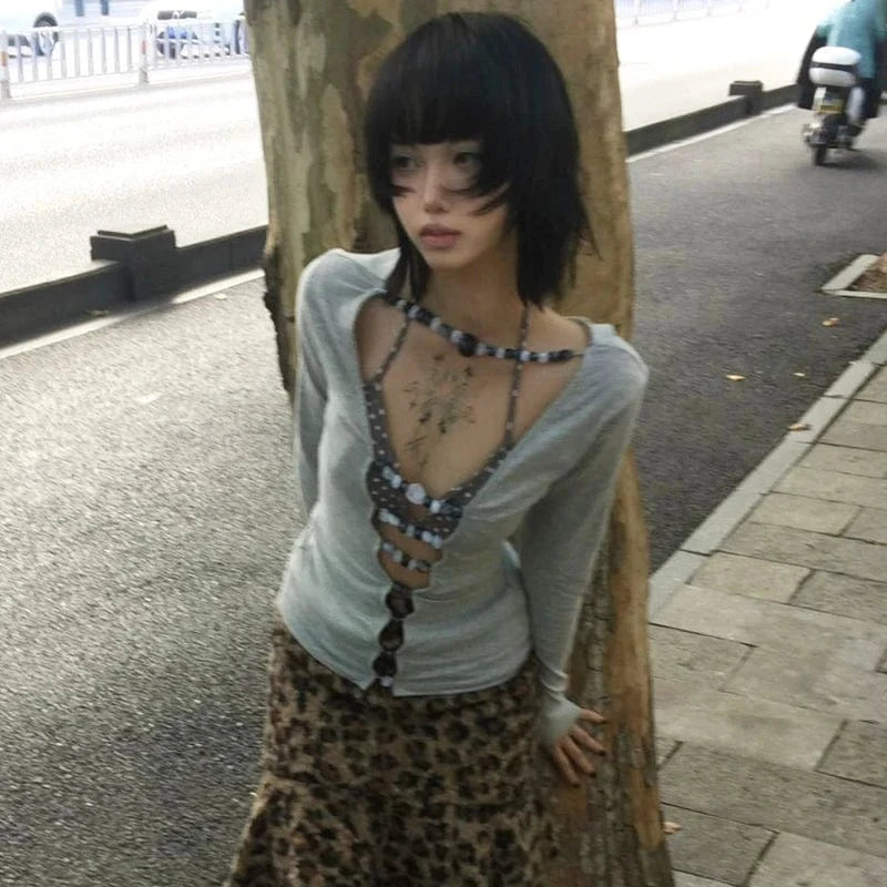 Karrram Japanese Y2k Hollow Out T-shirt 2000s Aesthetics Long Sleeve Beaded Tops Vintage Harajuku Sexy Streetwear American Retro