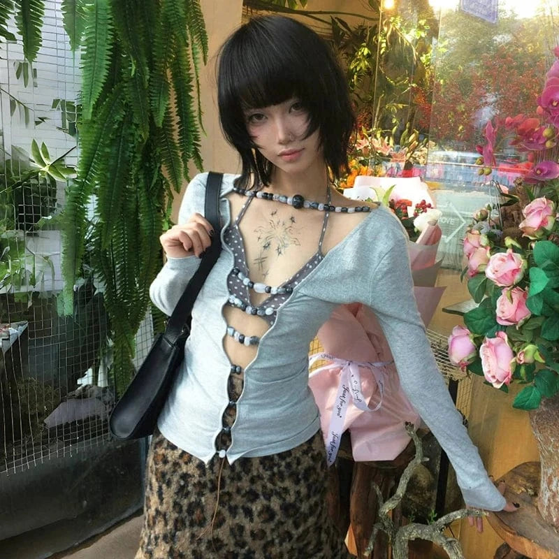 Karrram Japanese Y2k Hollow Out T-shirt 2000s Aesthetics Long Sleeve Beaded Tops Vintage Harajuku Sexy Streetwear American Retro
