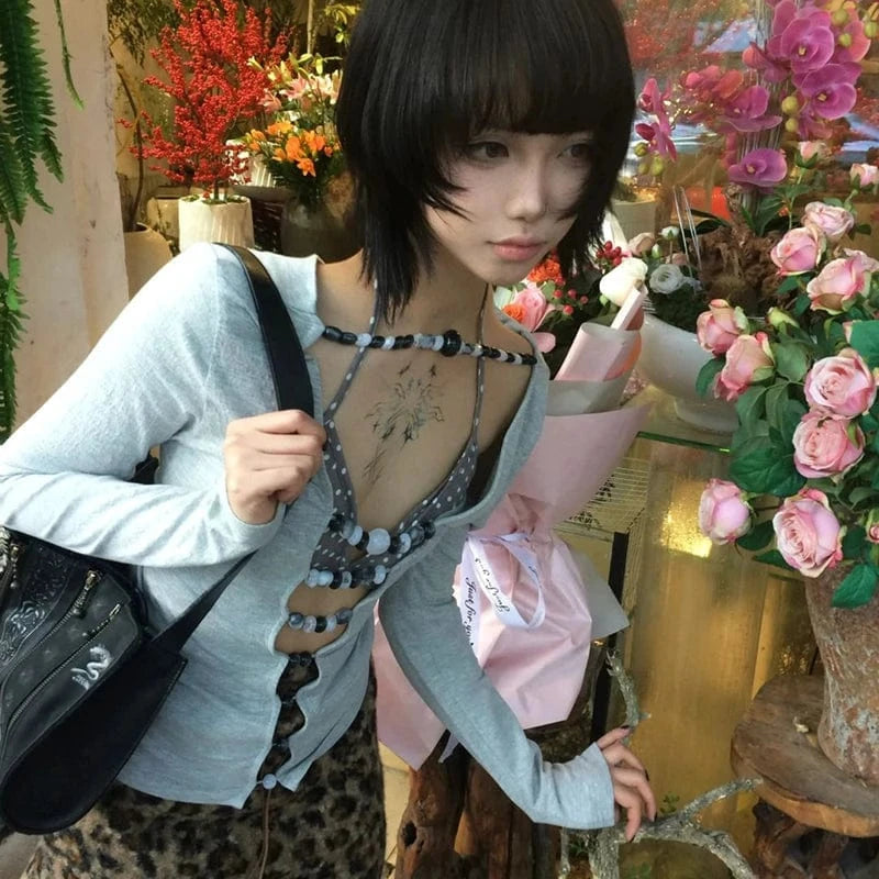 Karrram Japanese Y2k Hollow Out T-shirt 2000s Aesthetics Long Sleeve Beaded Tops Vintage Harajuku Sexy Streetwear American Retro