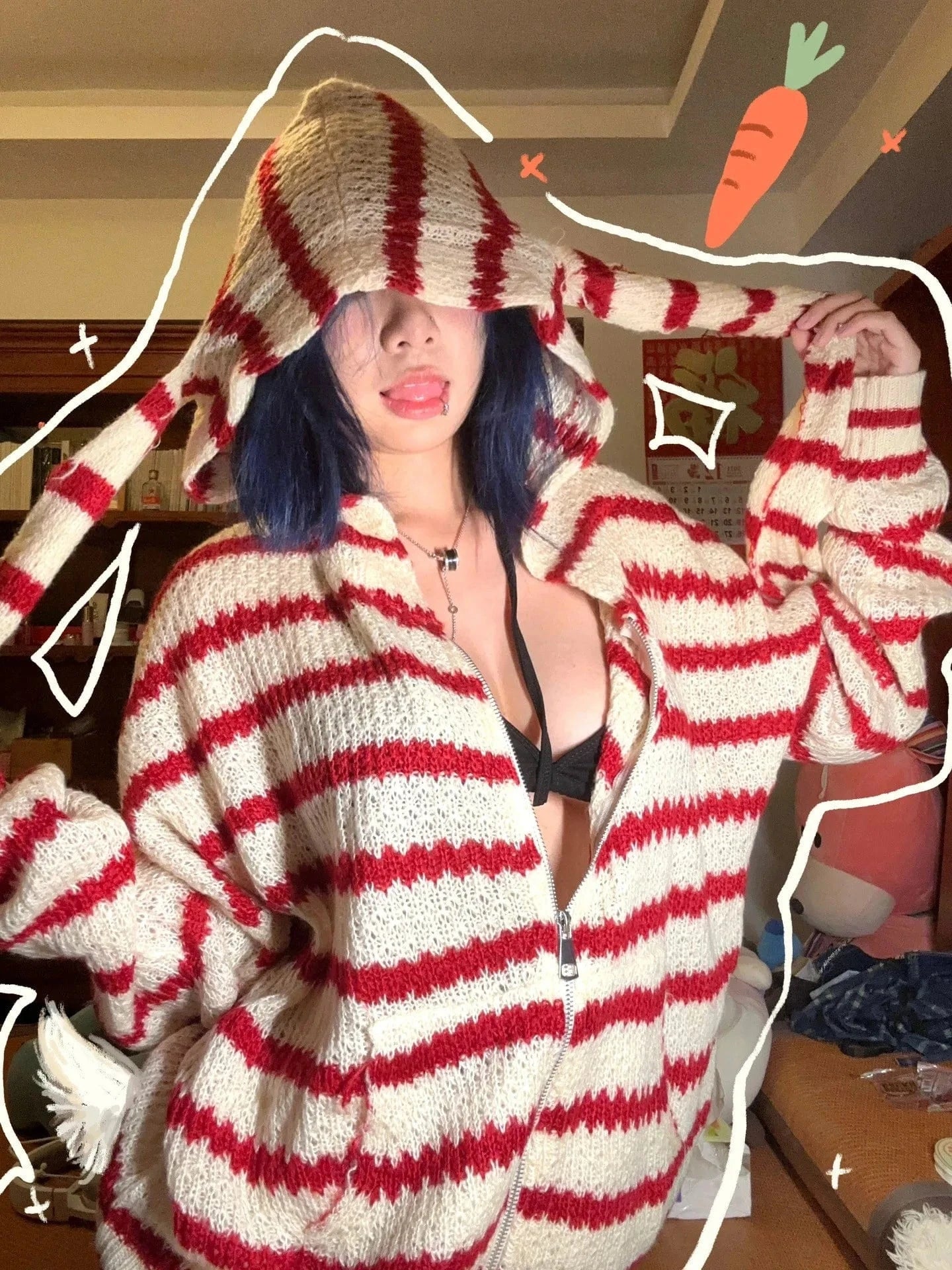 Karrram Japanese Y2k Hooded Cardigan 2000s Aesthetics Rabbit Ears Zipper Knitwear Vintage Harajuku Red Stripe Sweater Grunge