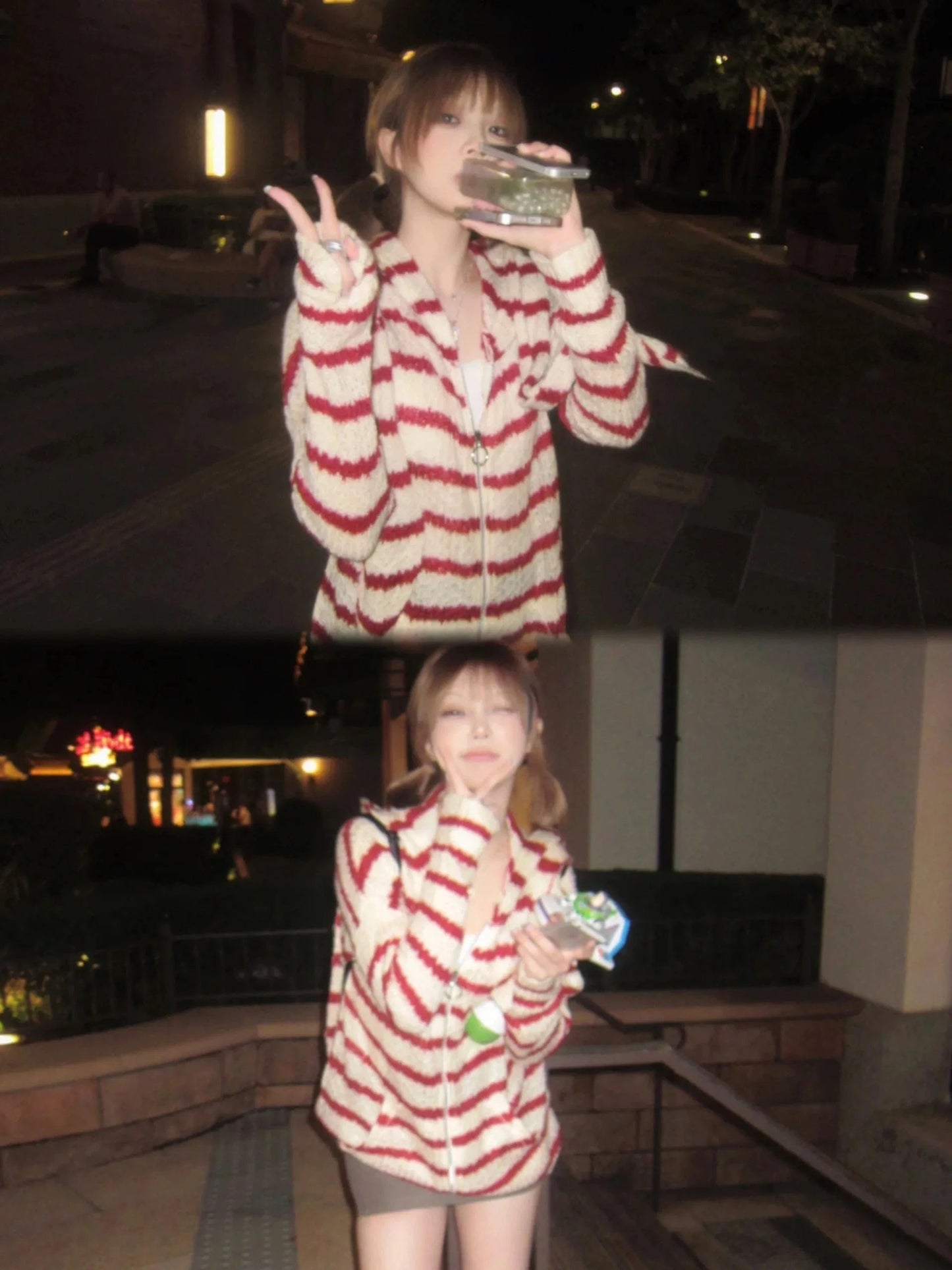 Karrram Japanese Y2k Hooded Cardigan 2000s Aesthetics Rabbit Ears Zipper Knitwear Vintage Harajuku Red Stripe Sweater Grunge