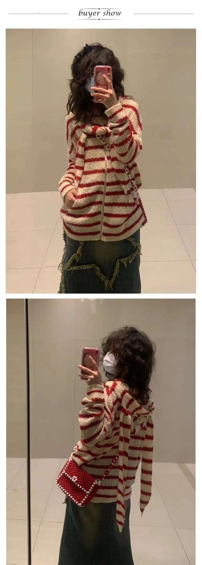 Karrram Japanese Y2k Hooded Cardigan 2000s Aesthetics Rabbit Ears Zipper Knitwear Vintage Harajuku Red Stripe Sweater Grunge