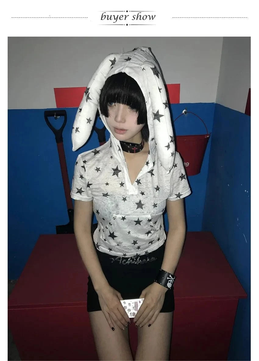 Karrram Japanese Y2k Hooded T-shirt Vintage 2000s Style Rabbit Ears Tops Harajuku Star Print Short Sleeve T Shirt Korean Popular