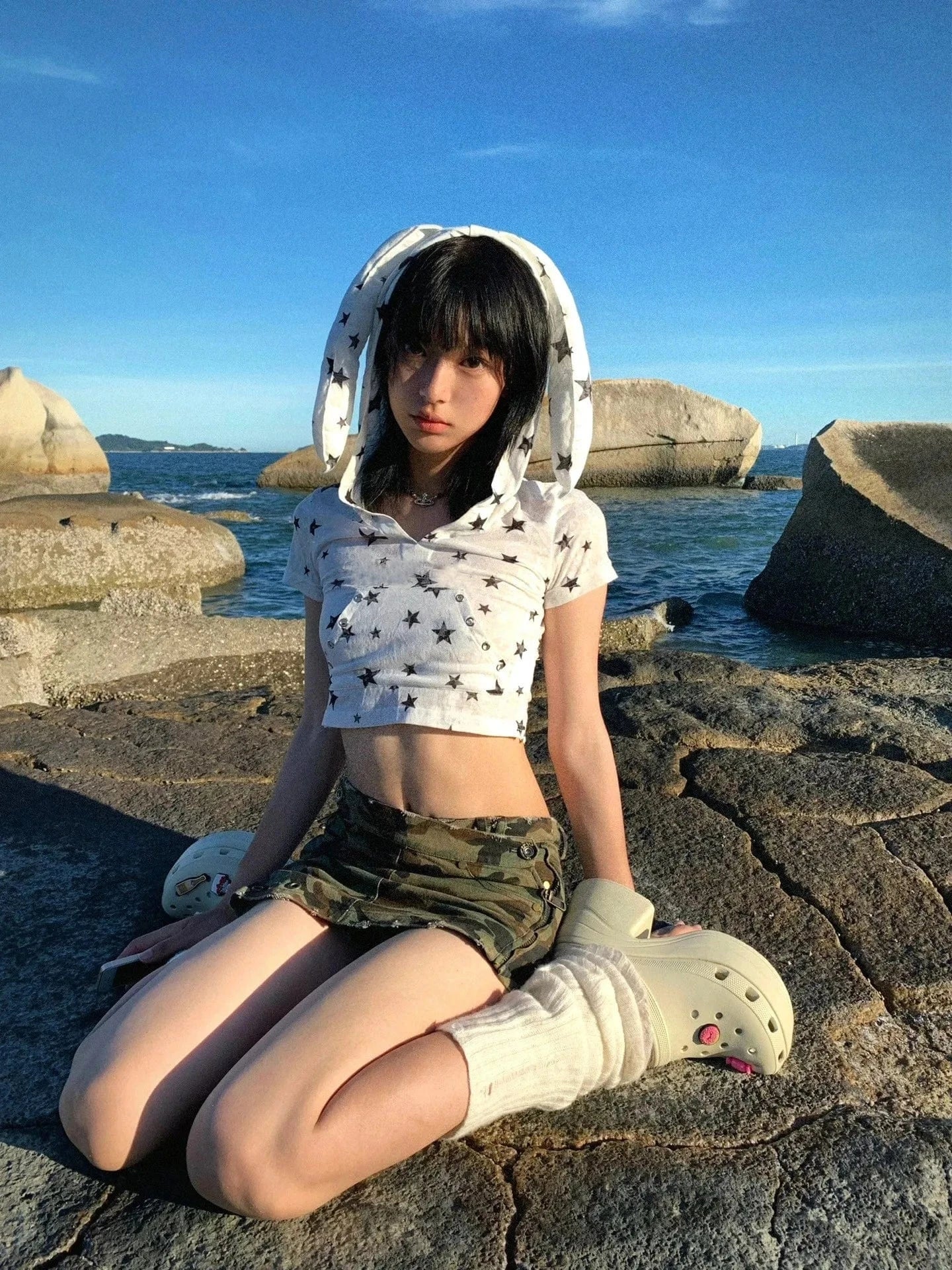 Karrram Japanese Y2k Hooded T-shirt Vintage 2000s Style Rabbit Ears Tops Harajuku Star Print Short Sleeve T Shirt Korean Popular