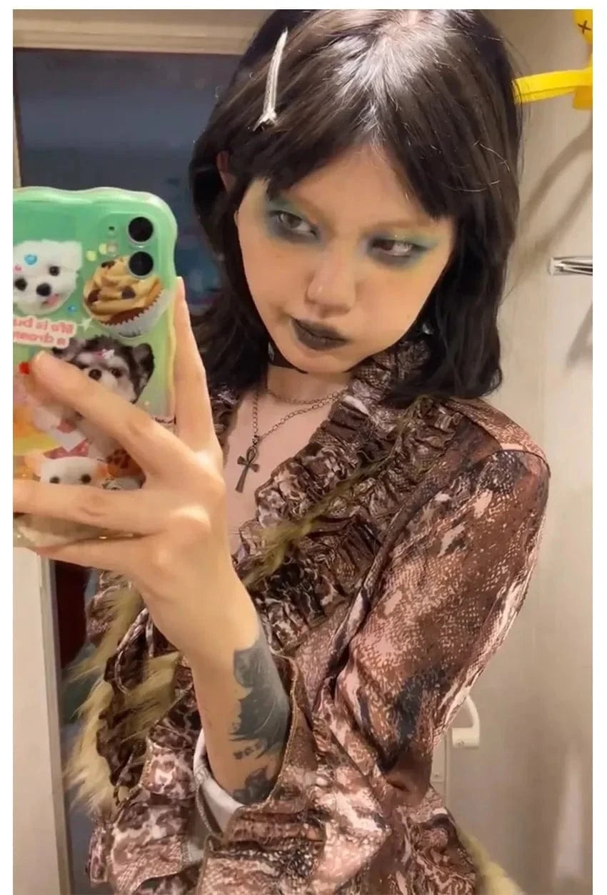 Karrram Japanese Y2k Leopard Print Shirt Vintage Harajuku Fur Shirt Grunge Aesthetics V-neck Irregular Blouses American Retro