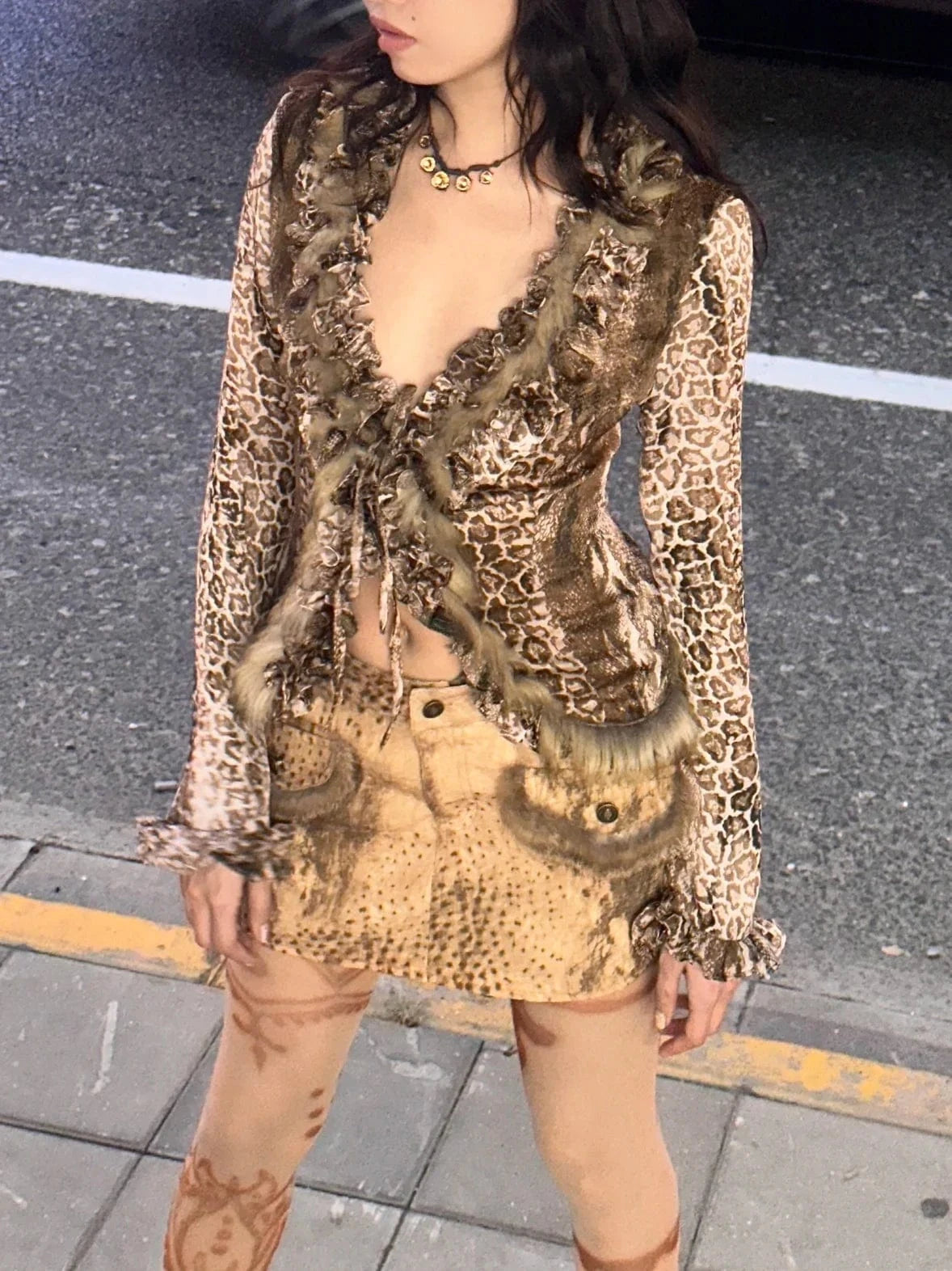 Karrram Japanese Y2k Leopard Print Shirt Vintage Harajuku Fur Shirt Grunge Aesthetics V-neck Irregular Blouses American Retro