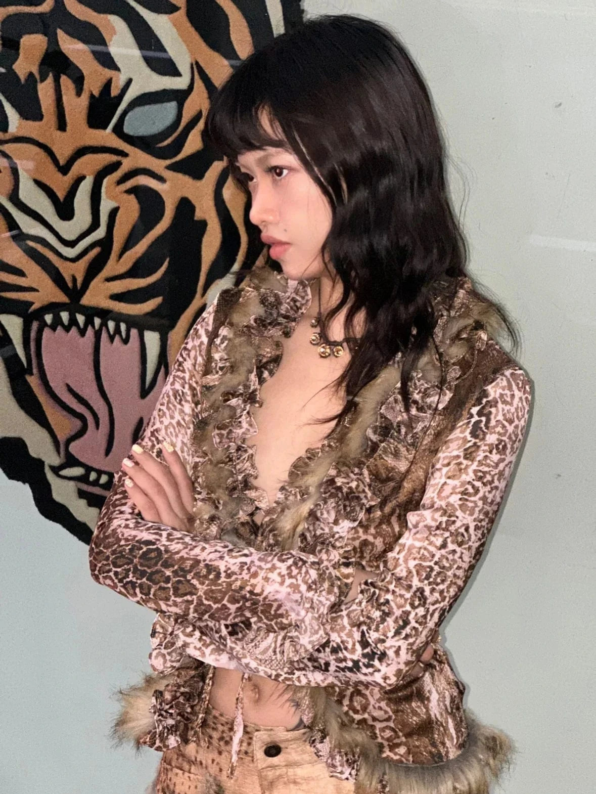 Karrram Japanese Y2k Leopard Print Shirt Vintage Harajuku Fur Shirt Grunge Aesthetics V-neck Irregular Blouses American Retro