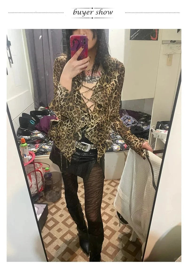 karrram Japanese Y2k Leopard Print Shirt Vintage Harajuku Ruffled Blouses Grunge Aesthetics V-neck Irregular Shirt Trashy 90s