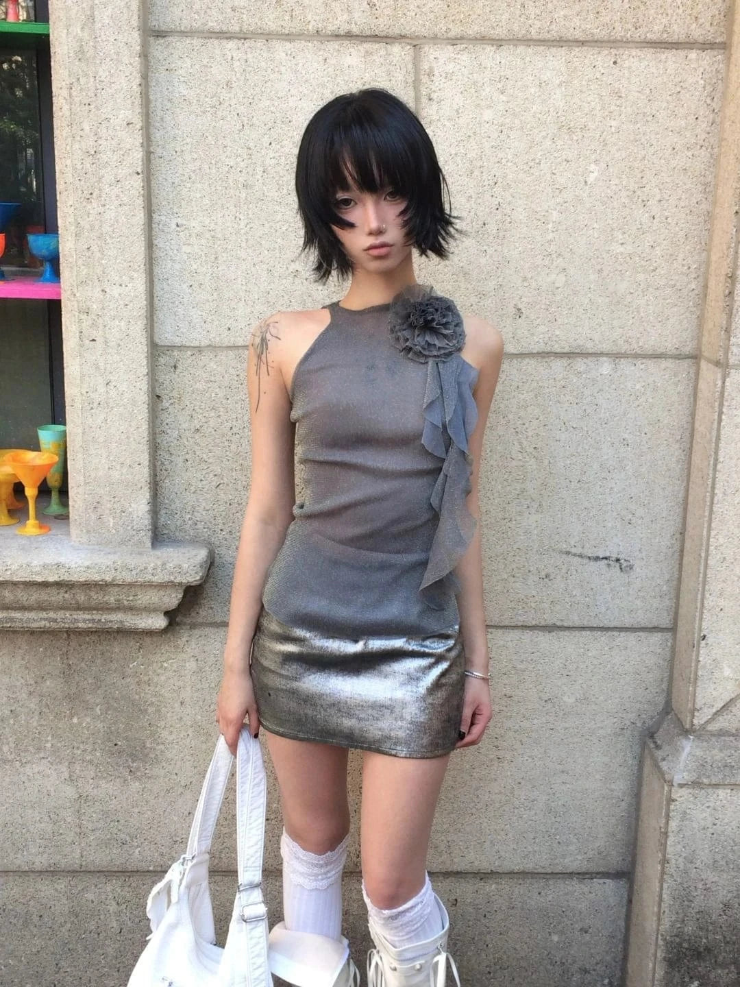 Karrram Japanese Y2k Mesh Tank Top Trashy 2000s Style Sleeveless Tops Vintage Harajuku Flower Irregular Tanktop Fairy Aesthetics