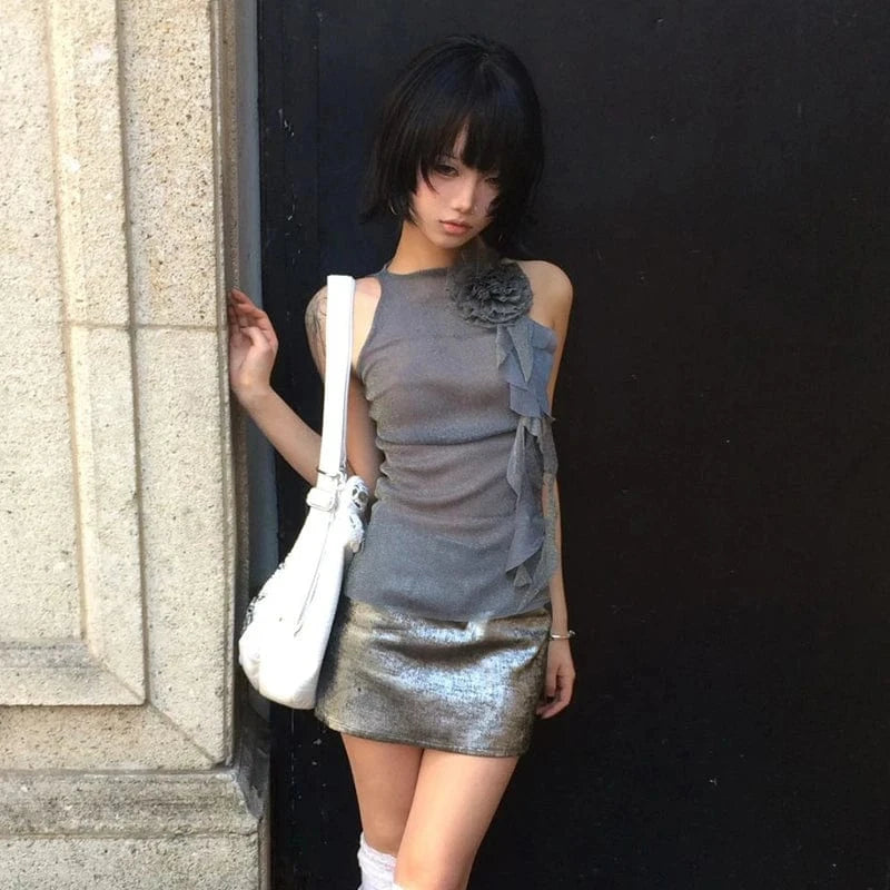 Karrram Japanese Y2k Mesh Tank Top Trashy 2000s Style Sleeveless Tops Vintage Harajuku Flower Irregular Tanktop Fairy Aesthetics